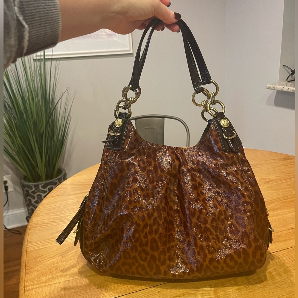 COACH Maggie Ocelot Leopard Brown Leather Shoulder Hobo model # F1093-15749
